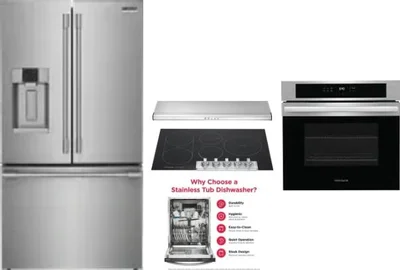 5 Piece Package Includes Refrigerator, Cooktop, Wall Oven, Hood And Dishwasher