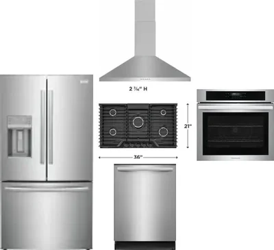 5 Piece Package Includes Refrigerator, Cooktop, Wall Oven, Hood And Dishwasher