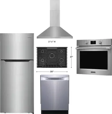 5 Piece Package Includes Refrigerator, Cooktop, Wall Oven, Hood And Dishwasher