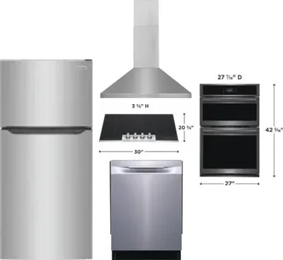 5 Piece Package Includes Refrigerator, Cooktop, Wall Oven, Hood And Dishwasher
