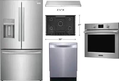 5 Piece Package Includes Refrigerator, Cooktop, Wall Oven, Hood And Dishwasher