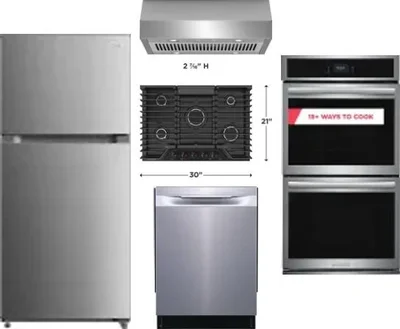 5 Piece Package Includes Refrigerator, Cooktop, Wall Oven, Hood And Dishwasher