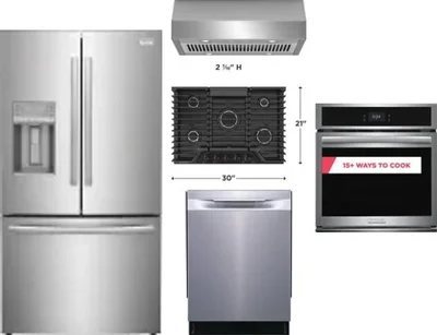 5 Piece Package Includes Refrigerator, Cooktop, Wall Oven, Hood And Dishwasher