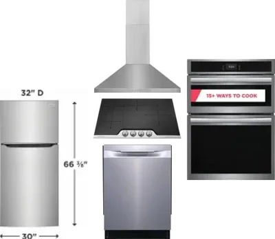 5 Piece Package Includes Refrigerator, Cooktop, Wall Oven, Hood And Dishwasher
