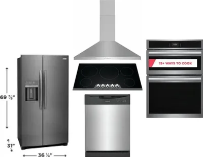 5 Piece Package Includes Refrigerator, Cooktop, Wall Oven, Hood And Dishwasher