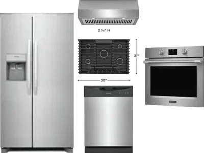 5 Piece Package Includes Refrigerator, Cooktop, Wall Oven, Hood And Dishwasher