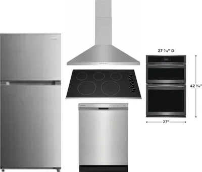 5 Piece Package Includes Refrigerator, Cooktop, Wall Oven, Hood And Dishwasher