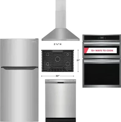 5 Piece Package Includes Refrigerator, Cooktop, Wall Oven, Hood And Dishwasher