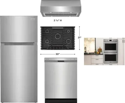 5 Piece Package Includes Refrigerator, Cooktop, Wall Oven, Hood And Dishwasher