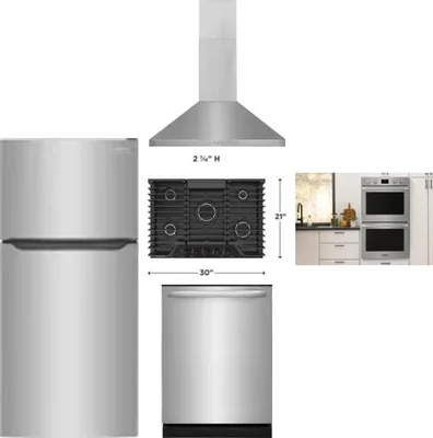 5 Piece Package Includes Refrigerator, Cooktop, Wall Oven, Hood And Dishwasher