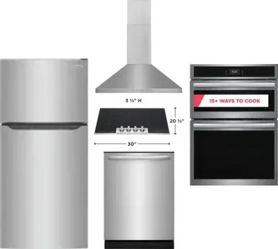 5 Piece Package Includes Refrigerator, Cooktop, Wall Oven, Hood And Dishwasher