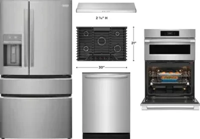 5 Piece Package Includes Refrigerator, Cooktop, Wall Oven, Hood And Dishwasher