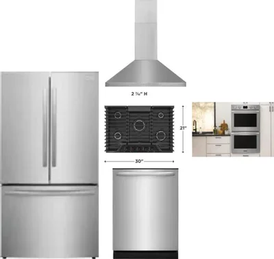 5 Piece Package Includes Refrigerator, Cooktop, Wall Oven, Hood And Dishwasher