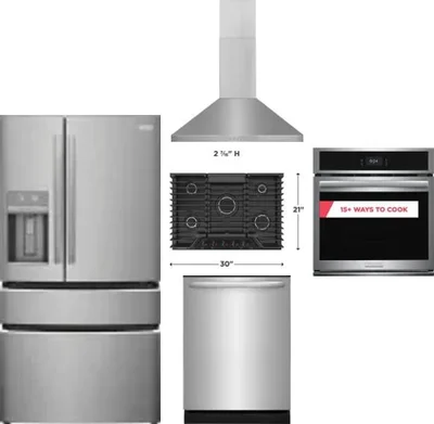 5 Piece Package Includes Refrigerator, Cooktop, Wall Oven, Hood And Dishwasher