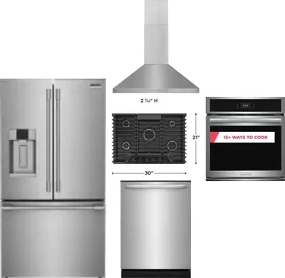 5 Piece Package Includes Refrigerator, Cooktop, Wall Oven, Hood And Dishwasher