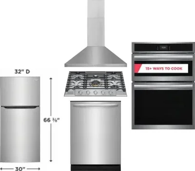 5 Piece Package Includes Refrigerator, Cooktop, Wall Oven, Hood And Dishwasher