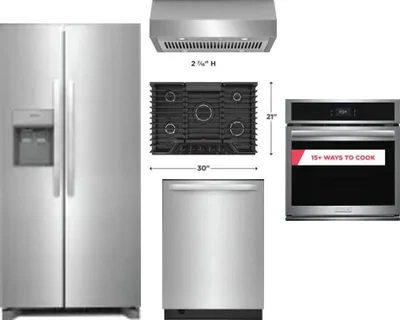 5 Piece Package Includes Refrigerator, Cooktop, Wall Oven, Hood And Dishwasher