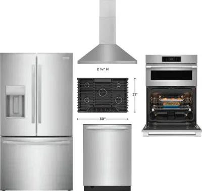 5 Piece Package Includes Refrigerator, Cooktop, Wall Oven, Hood And Dishwasher
