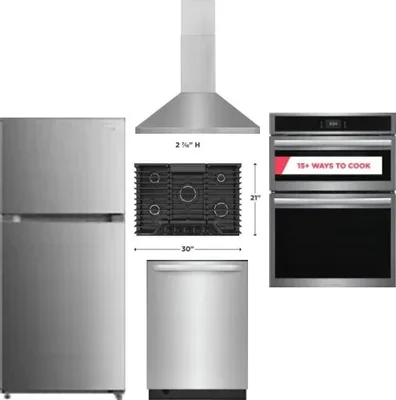 5 Piece Package Includes Refrigerator, Cooktop, Wall Oven, Hood And Dishwasher