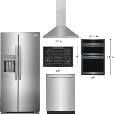 5 Piece Package Includes Refrigerator, Cooktop, Wall Oven, Hood And Dishwasher