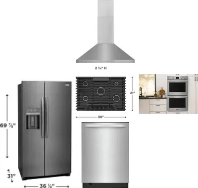 5 Piece Package Includes Refrigerator, Cooktop, Wall Oven, Hood And Dishwasher