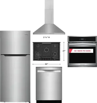 5 Piece Package Includes Refrigerator, Cooktop, Wall Oven, Hood And Dishwasher