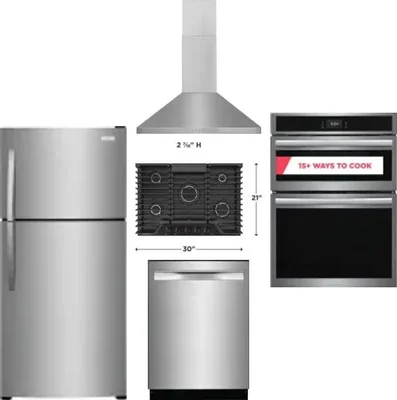 5 Piece Package Includes Refrigerator, Cooktop, Wall Oven, Hood And Dishwasher