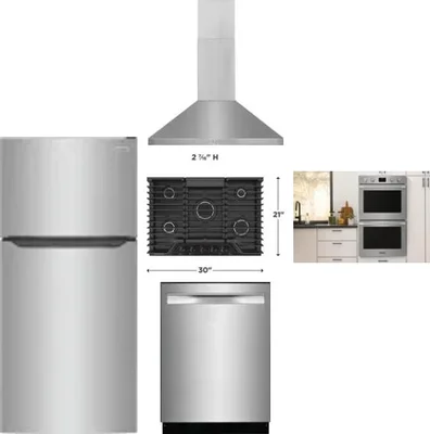 5 Piece Package Includes Refrigerator, Cooktop, Wall Oven, Hood And Dishwasher