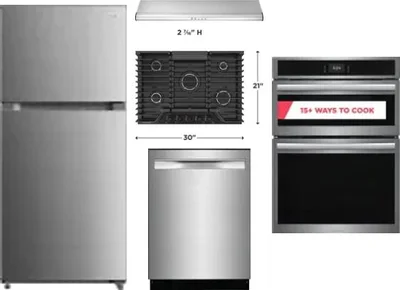 5 Piece Package Includes Refrigerator, Cooktop, Wall Oven, Hood And Dishwasher