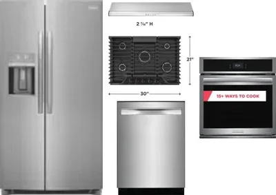 5 Piece Package Includes Refrigerator, Cooktop, Wall Oven, Hood And Dishwasher