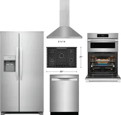 5 Piece Package Includes Refrigerator, Cooktop, Wall Oven, Hood And Dishwasher