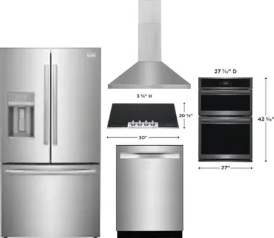 5 Piece Package Includes Refrigerator, Cooktop, Wall Oven, Hood And Dishwasher