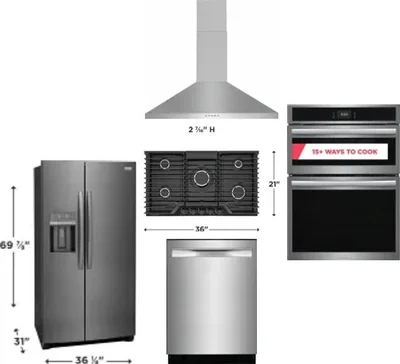 5 Piece Package Includes Refrigerator, Cooktop, Wall Oven, Hood And Dishwasher