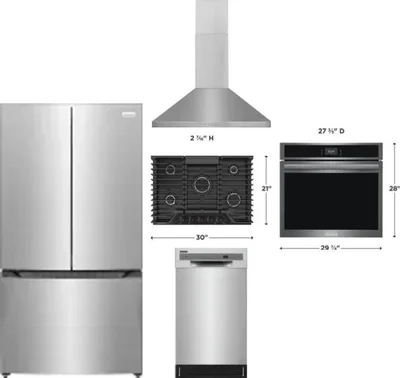 5 Piece Package Includes Refrigerator, Cooktop, Wall Oven, Hood And Dishwasher