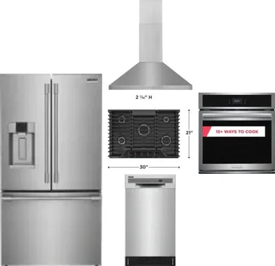 5 Piece Package Includes Refrigerator, Cooktop, Wall Oven, Hood And Dishwasher