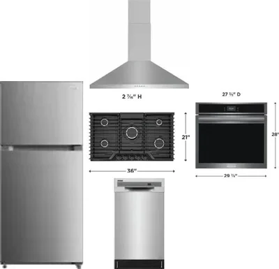 5 Piece Package Includes Refrigerator, Cooktop, Wall Oven, Hood And Dishwasher