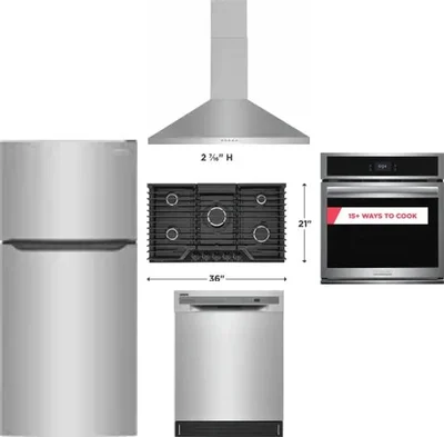 5 Piece Package Includes Refrigerator, Cooktop, Wall Oven, Hood And Dishwasher