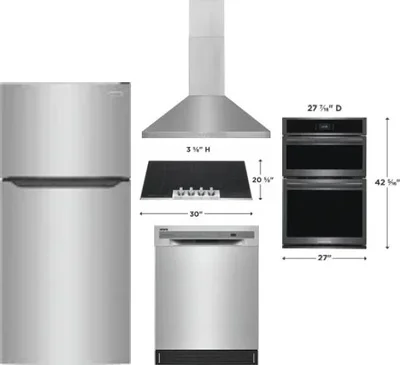 5 Piece Package Includes Refrigerator, Cooktop, Wall Oven, Hood And Dishwasher