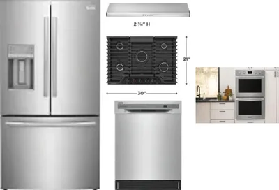 5 Piece Package Includes Refrigerator, Cooktop, Wall Oven, Hood And Dishwasher