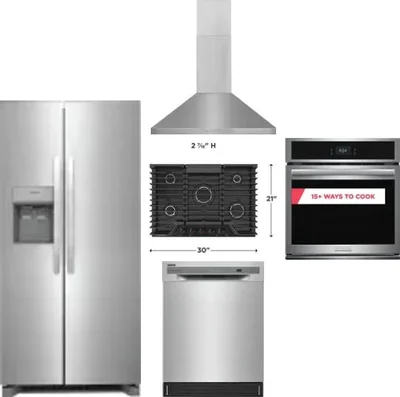 5 Piece Package Includes Refrigerator, Cooktop, Wall Oven, Hood And Dishwasher