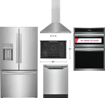 5 Piece Package Includes Refrigerator, Cooktop, Wall Oven, Hood And Dishwasher
