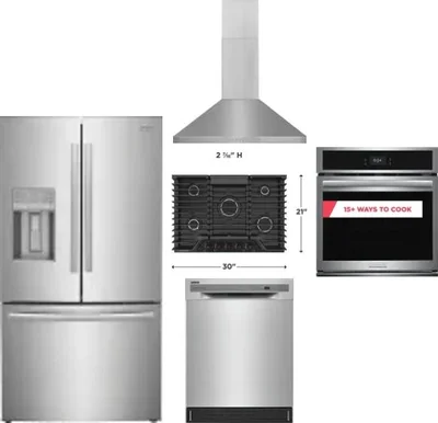 5 Piece Package Includes Refrigerator, Cooktop, Wall Oven, Hood And Dishwasher