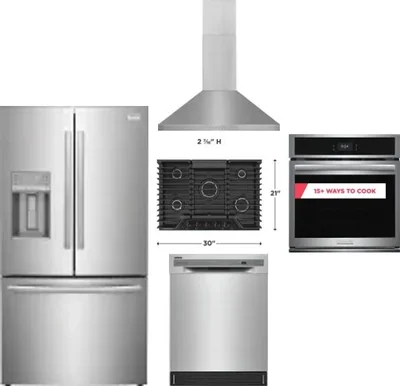 5 Piece Package Includes Refrigerator, Cooktop, Wall Oven, Hood And Dishwasher