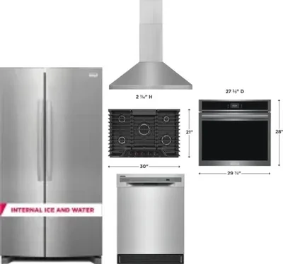 5 Piece Package Includes Refrigerator, Cooktop, Wall Oven, Hood And Dishwasher