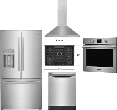 5 Piece Package Includes Refrigerator, Cooktop, Wall Oven, Hood And Dishwasher