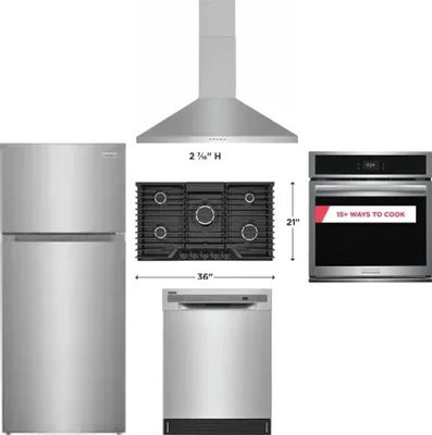 5 Piece Package Includes Refrigerator, Cooktop, Wall Oven, Hood And Dishwasher