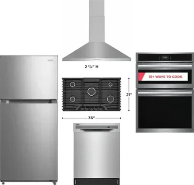5 Piece Package Includes Refrigerator, Cooktop, Wall Oven, Hood And Dishwasher