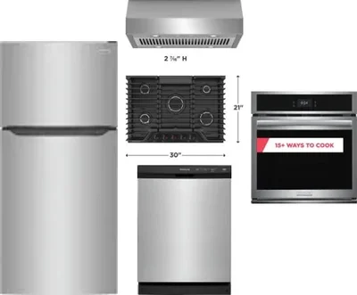 5 Piece Package Includes Refrigerator, Cooktop, Wall Oven, Hood And Dishwasher