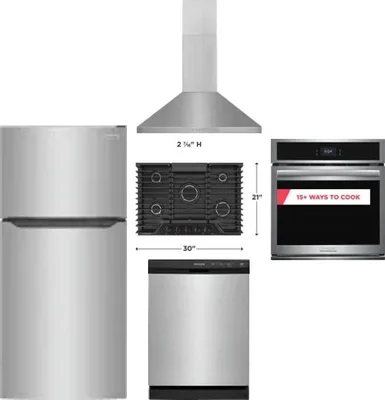 5 Piece Package Includes Refrigerator, Cooktop, Wall Oven, Hood And Dishwasher
