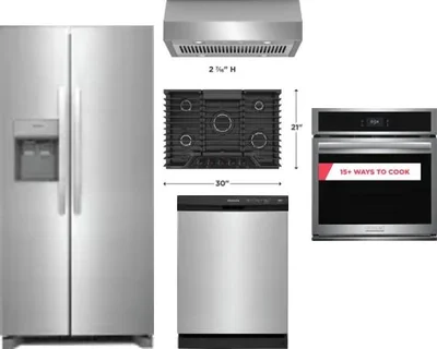 5 Piece Package Includes Refrigerator, Cooktop, Wall Oven, Hood And Dishwasher